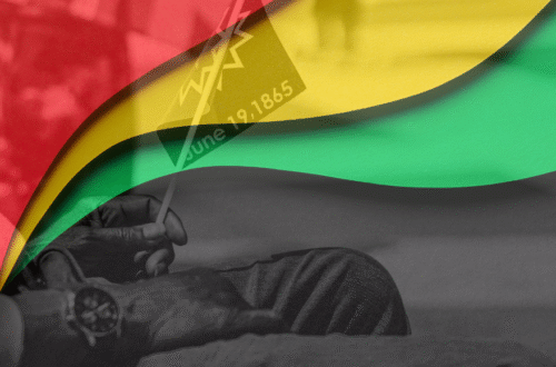 Black man's hand Juneteenth colors.