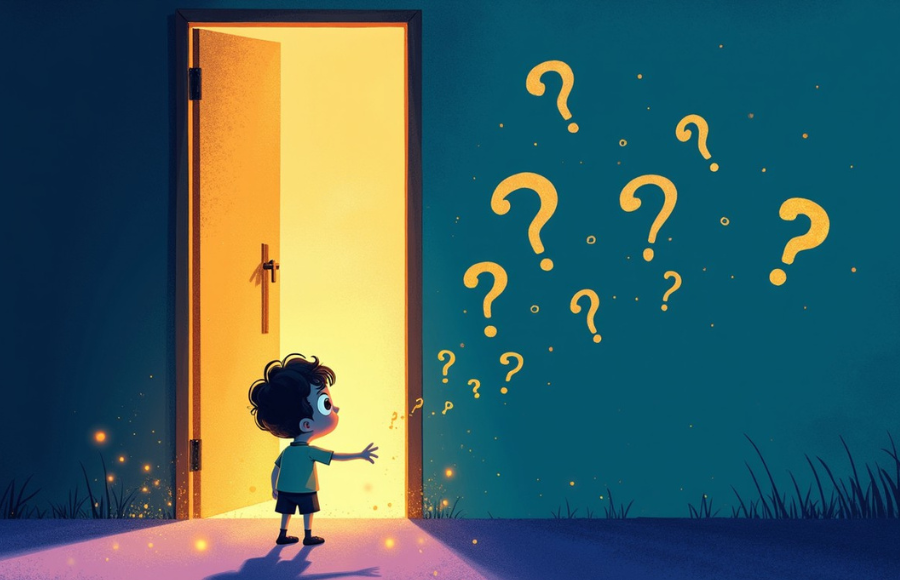 cartoon kid at door with question marks
