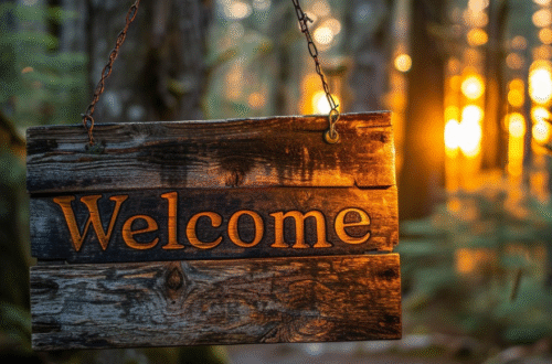 Welcome sign in the woods, dawn