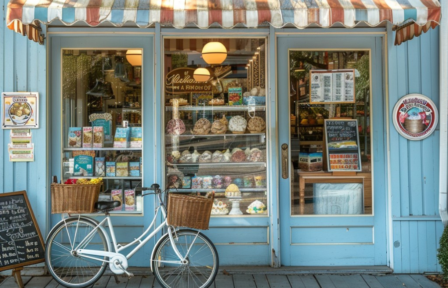 Local shop, blue with bike outside. Think: ice cream shop.