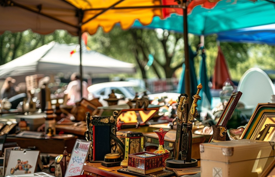 Flea market with trinkets in summer.