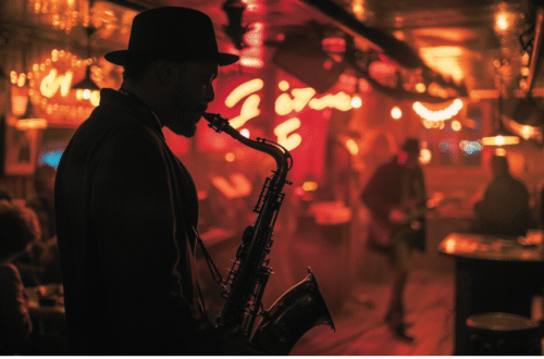 Shadowy sax artist in venue