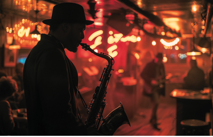 Shadowy sax artist in venue