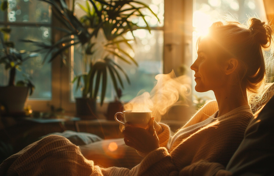 Woman in sofa sipping coffee reflecting