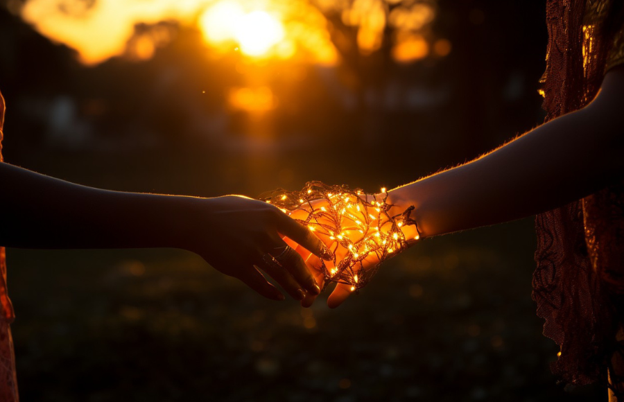 Two hands touching with starlights in between at dawn