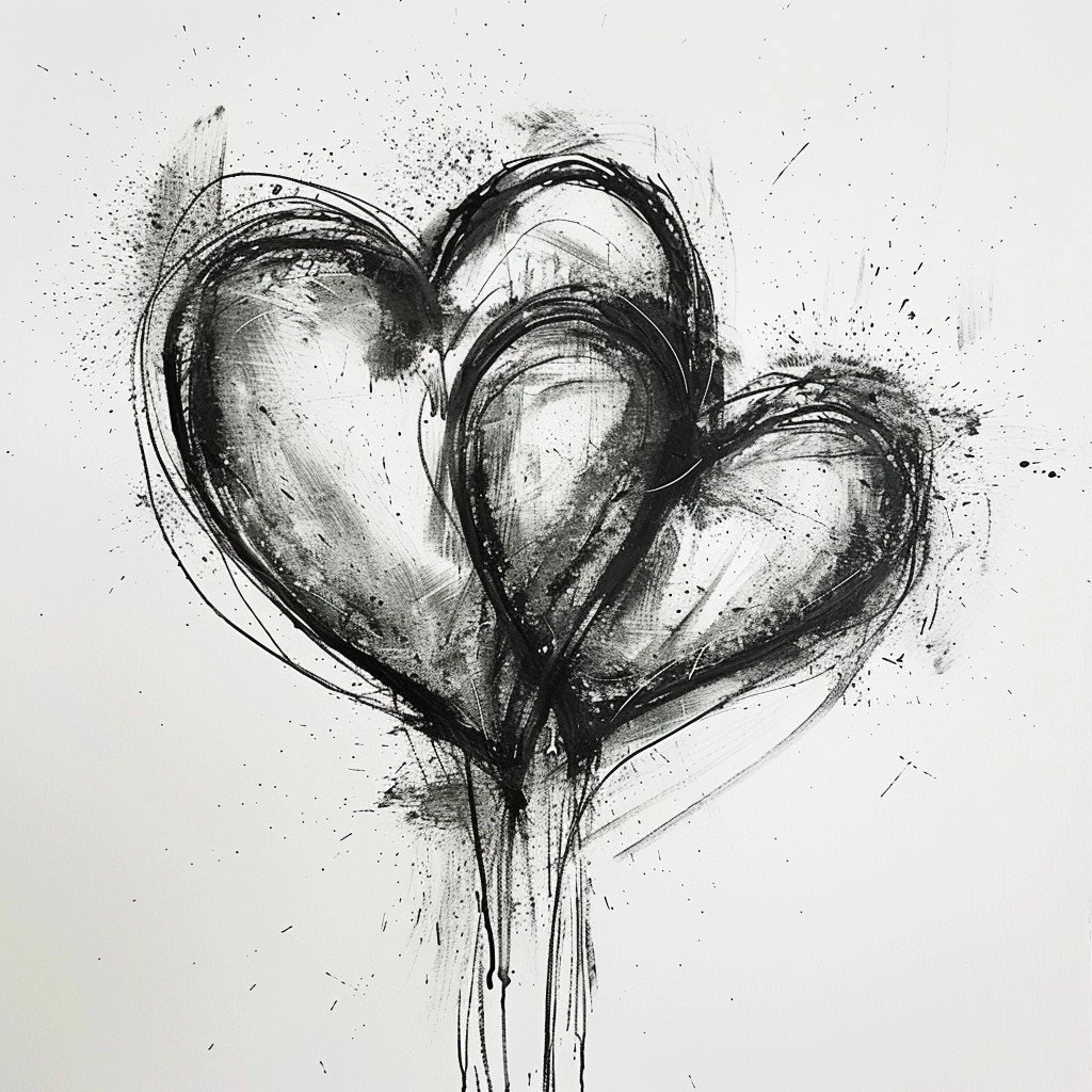two hearts overlapping, drawn in charcoal