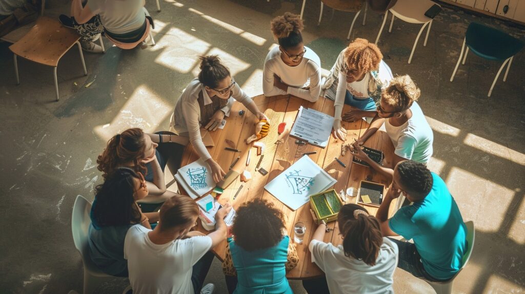 Kids in college around a study table, overview