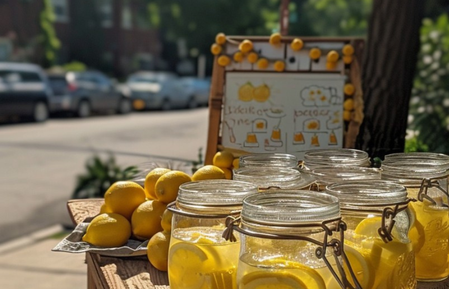Sunny day lemonade stand offering refreshing drinks on a quaint suburban street, signifying homemade entrepreneurship.