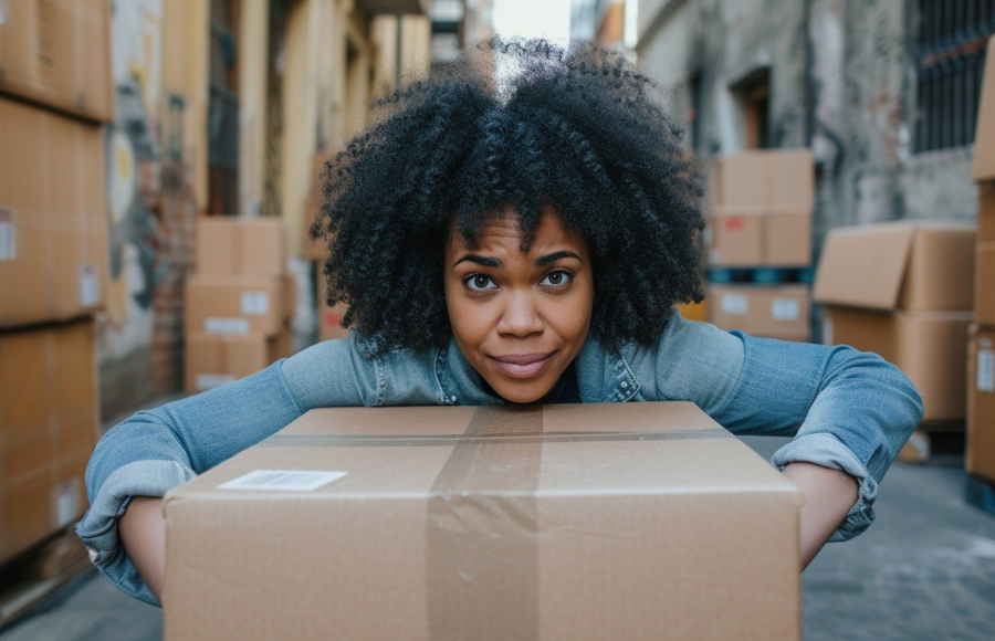 Woman with big box in hand, surrounded by other boxes