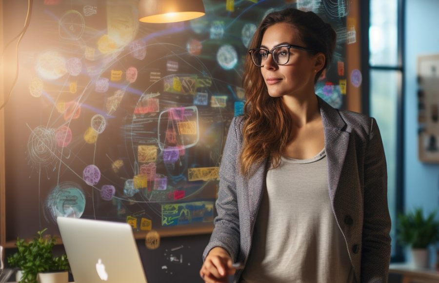 Woman at her laptop wearing glasses but thinking