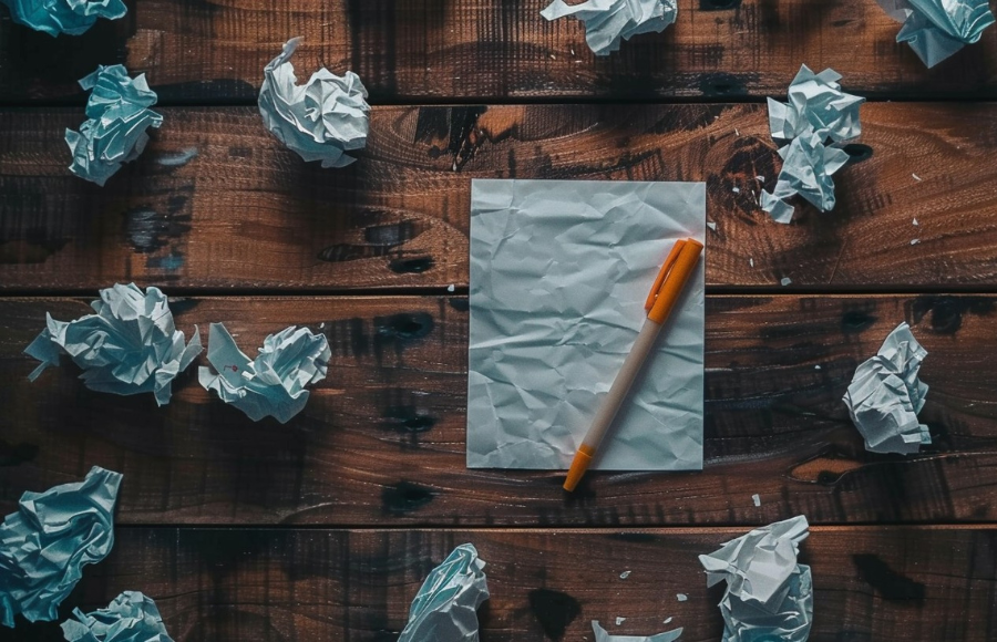 Crumpled pieces of paper surrounding a flat piece of paper with a pencil across it