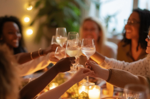 Happy girls cheers with glasses at dinner