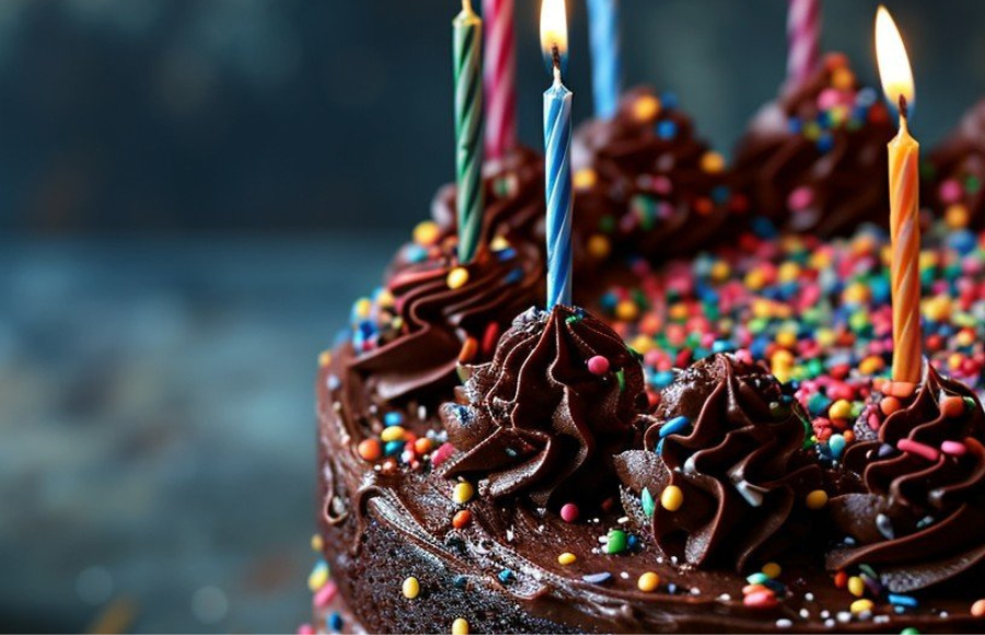 A deliciously rich chocolate cake adorned with colorful sprinkles and lit candles, ready for a festive celebration.