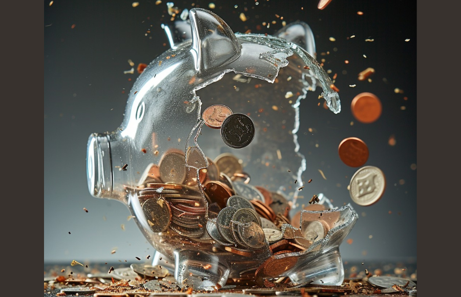 glass piggy banks that's smashed and money, coins, are falling out.