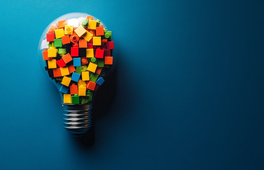 Lightbulb with colorful squares inside on a deep blu background