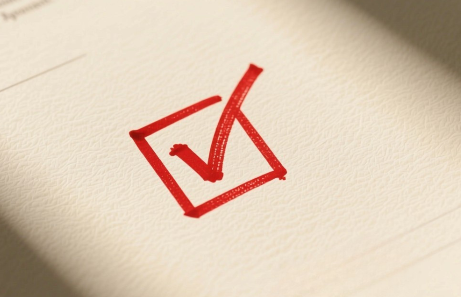 Crisp red proofreading mark on textured manuscript paper illuminated by gentle window light creating professional editorial atmosphere.