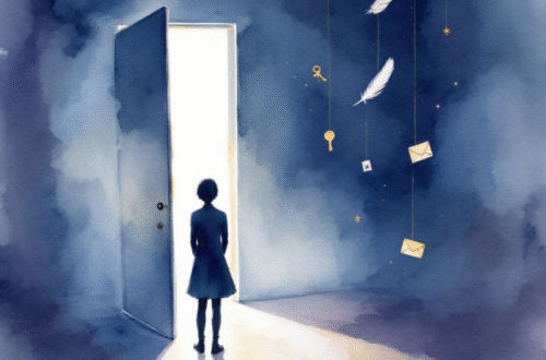 Art work in blue of woman standing at an open door, not going through, papers flying