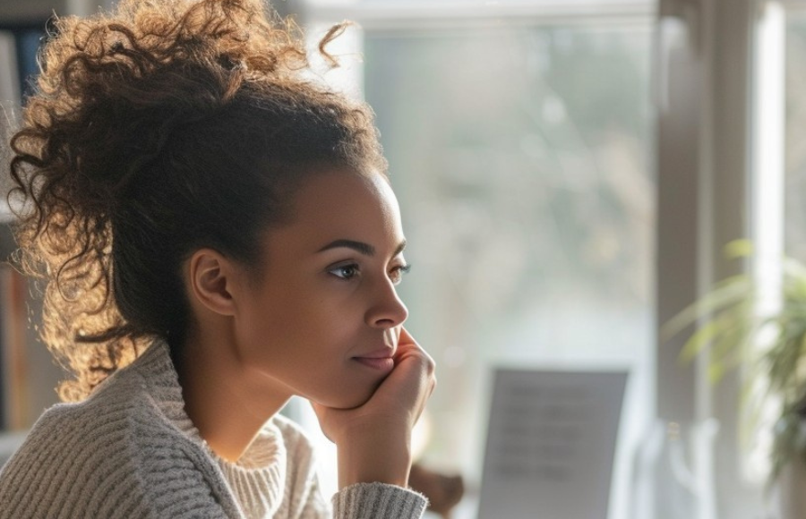 Pretty black woman with bun, thinking.