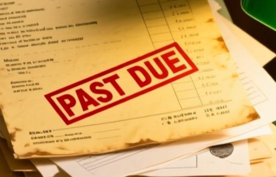 PAST DUE stamped documents that have yellowed overtime.