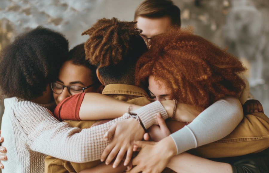 group of interracial friends hugging