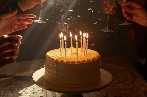 Golden light streams down on a birthday cake with glowing candles as champagne glasses clink in cheerful celebration.