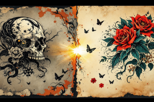 Death Meets Beauty Traditional tattoo design featuring a detailed skull opposite vibrant red roses, separated by light and connected by butterflies.