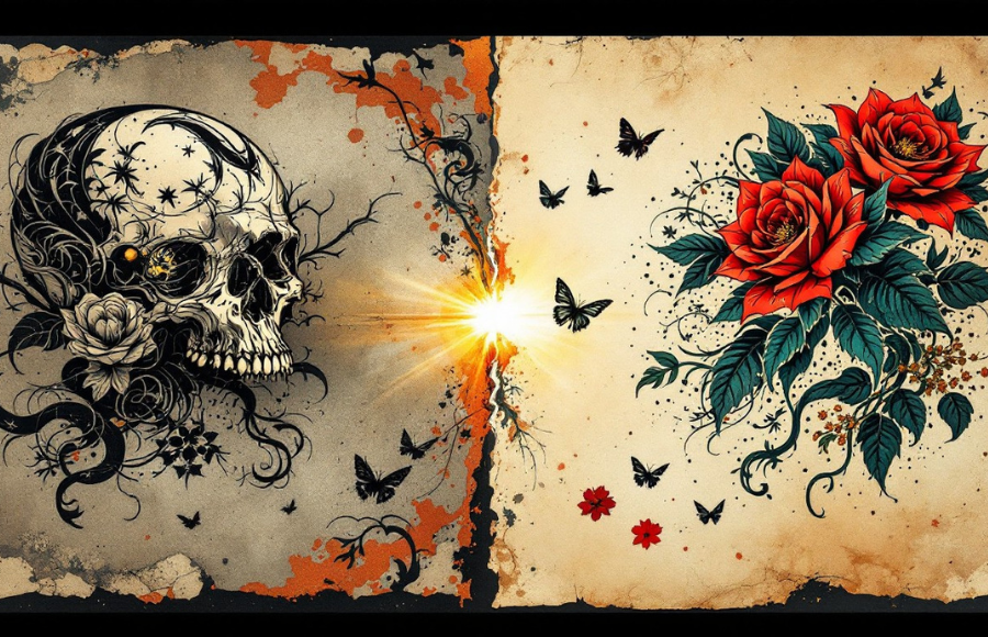 Death Meets Beauty Traditional tattoo design featuring a detailed skull opposite vibrant red roses, separated by light and connected by butterflies.