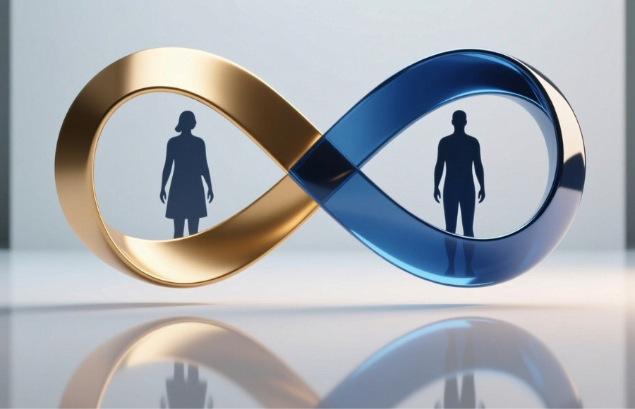 Gold Blue Infinity Flowing gold and translucent blue ribbons form an infinity symbol where human forms emerge, suggesting eternal bonds between beings.