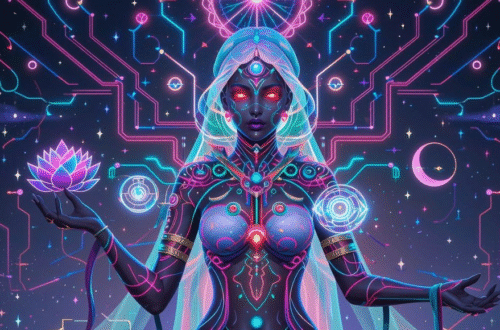 Digital Divine Priestess Bathed in magenta and teal light, the divine feminine emerges as a cybernetic deity manipulating holographic lotuses in cosmic darkness.