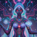 Digital Divine Priestess Bathed in magenta and teal light, the divine feminine emerges as a cybernetic deity manipulating holographic lotuses in cosmic darkness.