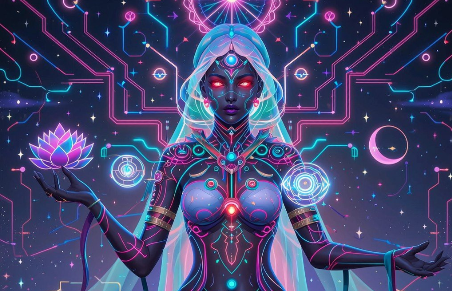 Digital Divine Priestess Bathed in magenta and teal light, the divine feminine emerges as a cybernetic deity manipulating holographic lotuses in cosmic darkness.