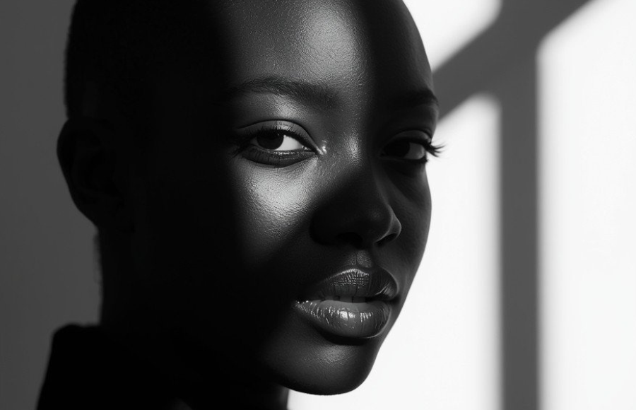 Light and Shadow Strong shadows and bright highlights create a powerful contrast across facial features, beautiful black woman, emphasizing natural beauty in this minimalist portrait.