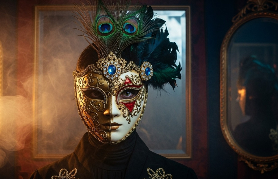 Masked Victorian Mystery Gold-detailed Victorian mask adorned with feathers and jewels conceals a mysterious presence amid smoky mirrors and dramatic Rembrandt lighting.