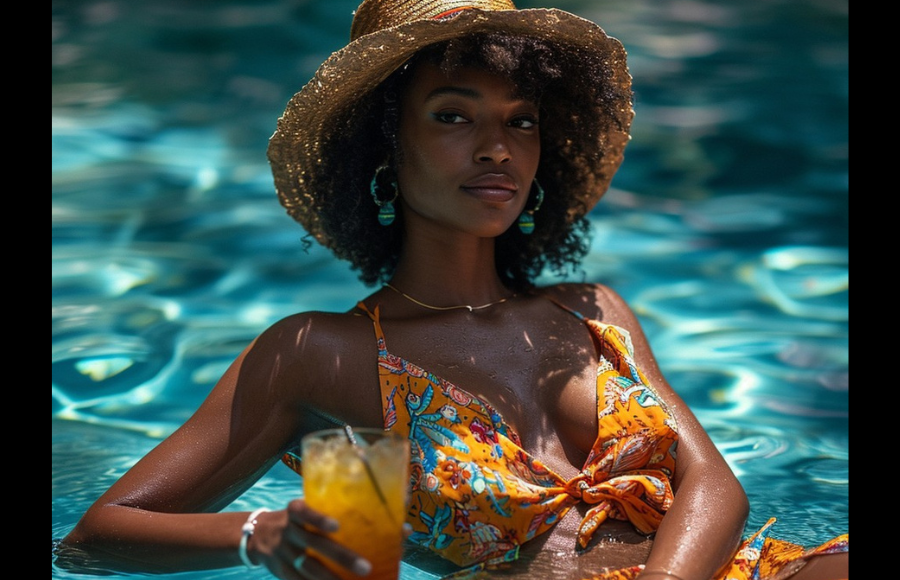 Poolside Summer Relaxation
Elegant woman enjoys a sunny day in the pool with a refreshing drink, embodying summer leisure.