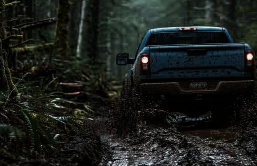 Rusty truck in the woods, in the mud at night