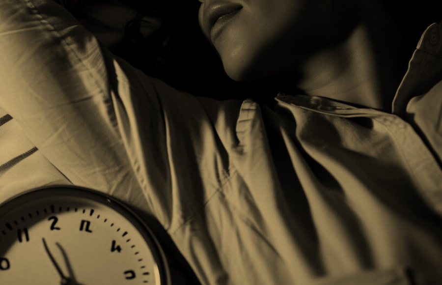 Woman sleeping in shirt with alarm clock