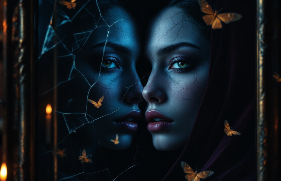 Woman face side by mirror, dark background