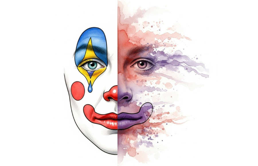 Two face one side clown and the other colored and floating away