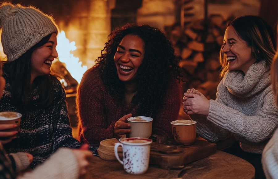 Three girlfriends laughing with hot drinks and a fireplace.
