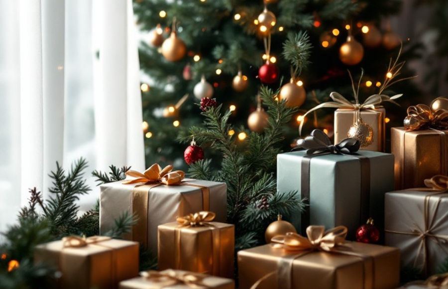 Base of Christmas tree with tons of gifts.