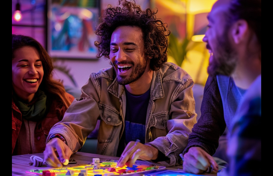 Three friends laughing playing a board game.