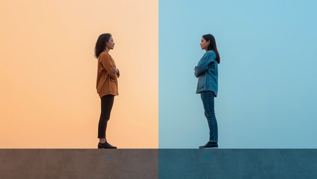 Two women facing each other in separate color sections