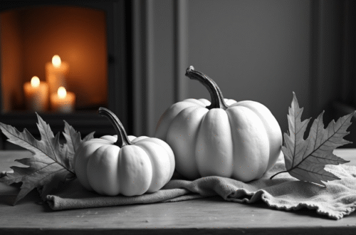 white pumpkins in front of a fireplace