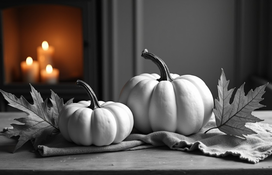 white pumpkins in front of a fireplace