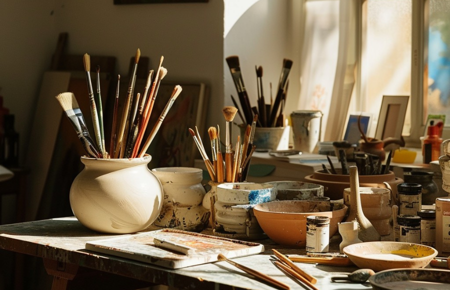 Art table filled with brushes, pots, paints etc.