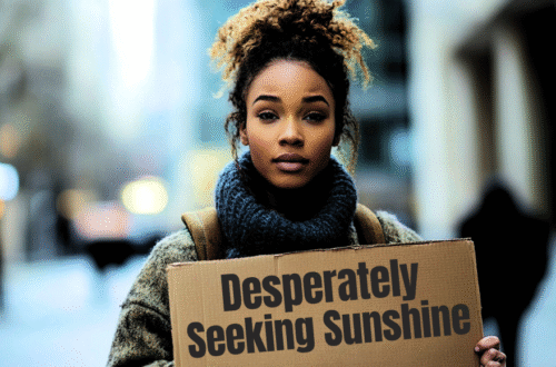 Beautiful black woman in warm clothing with a sign that reads 'Desperately Seeking Sunshine'