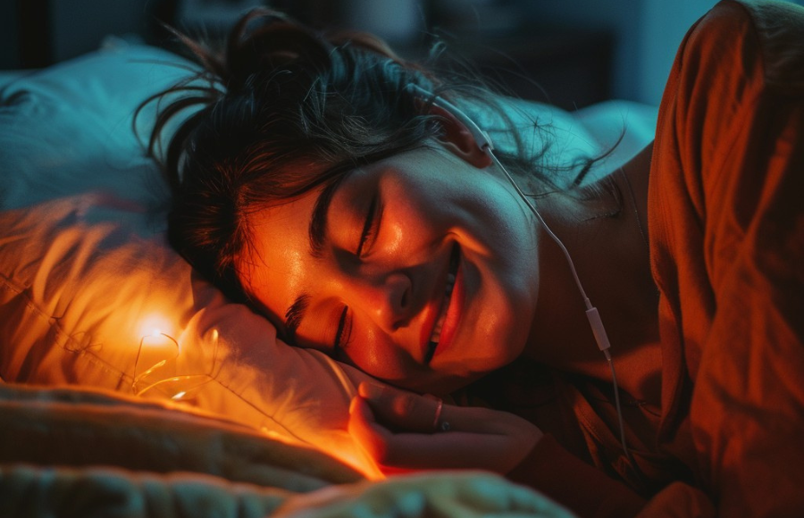 woman sleeping and smiling with a glow light