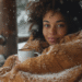 Beautiful black woman sitting watching snow wrapped blanket with a hot drink