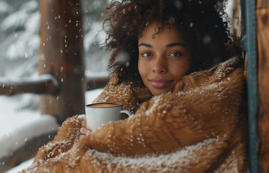 Beautiful black woman sitting watching snow wrapped blanket with a hot drink