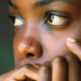 Beautiful black woman's face - close up - Pensive Contemplative Gaze